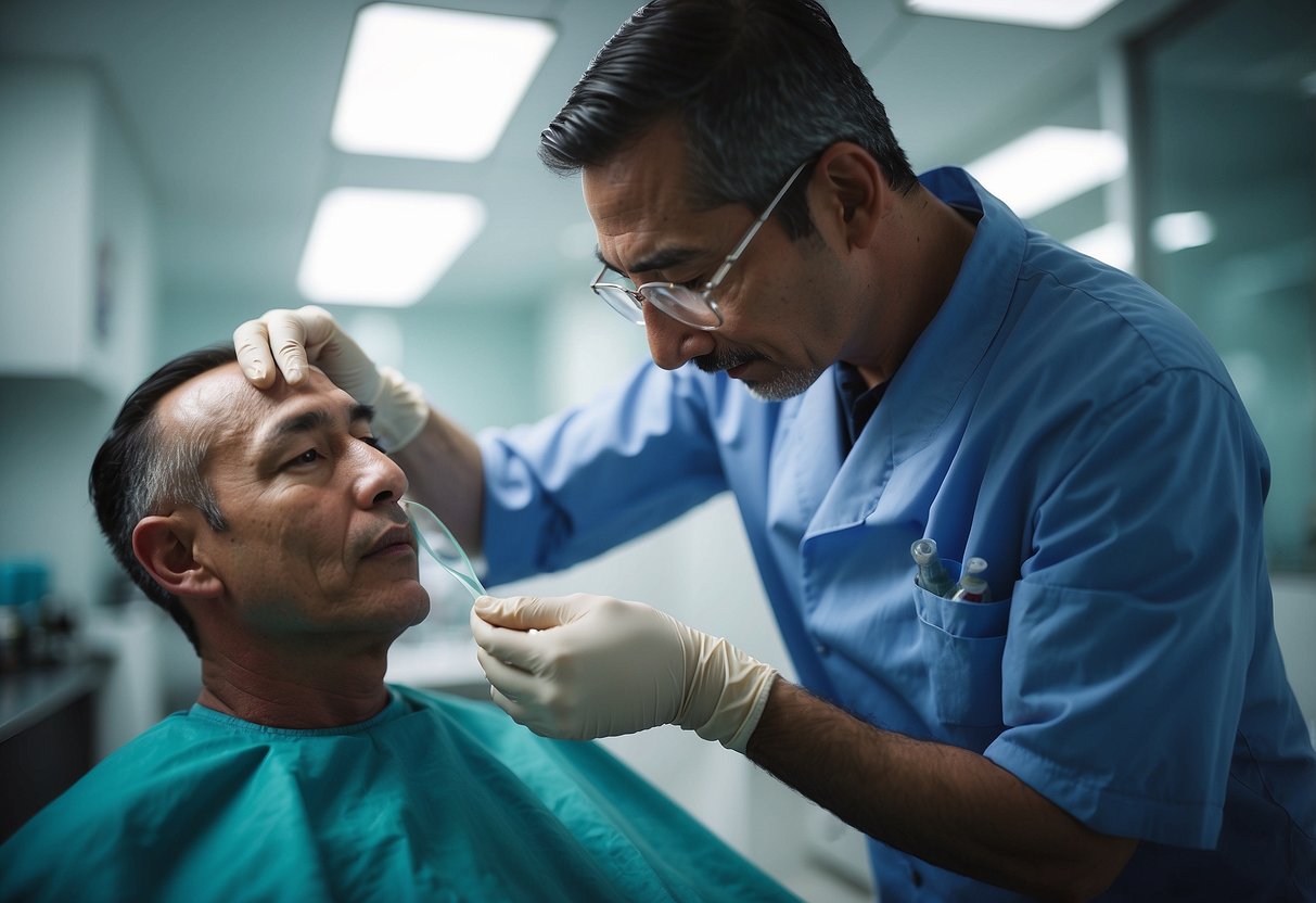 A doctor carefully extracts hair follicles from a donor area and implants them into the balding area of a patient's scalp in a modern clinic in Singapore