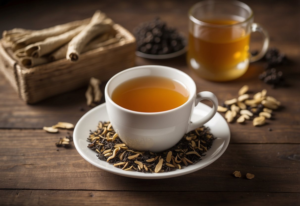 A cup of licorice root tea sits on a wooden table, surrounded by scattered licorice root pieces and a small stack of tea bags