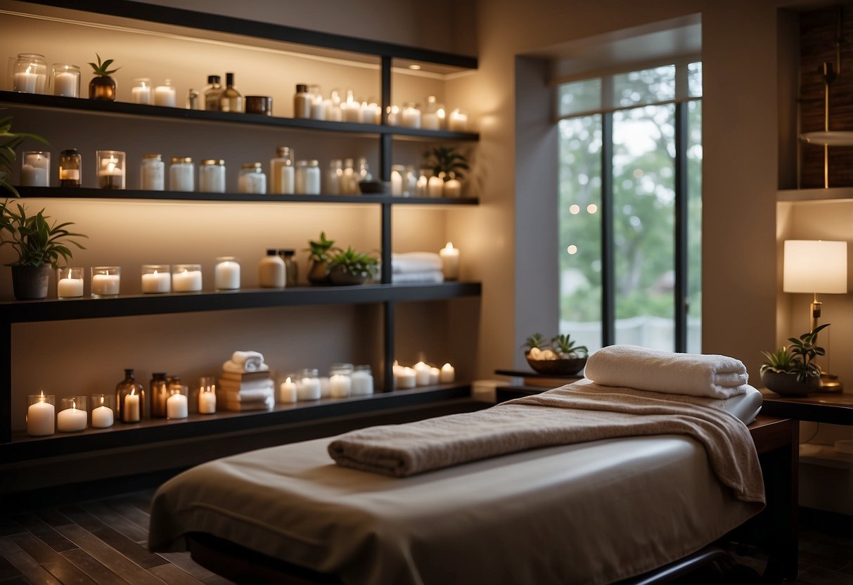 A serene spa room with soothing lighting, comfortable seating, and shelves lined with aromatic oils and scalp treatment products