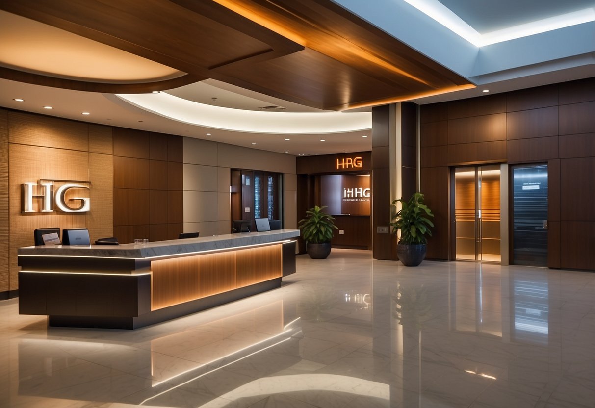 IHG Hotels Singapore: A modern, bustling lobby with sleek furniture, a reception desk, and guests checking in. The logo prominently displayed on the wall