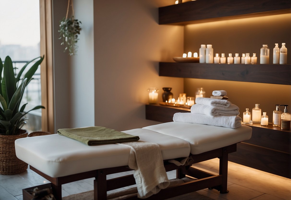 A serene, minimalist spa room with soft lighting and comfortable seating. A shelf displays luxurious hair care products. A therapist prepares for a relaxing head spa treatment