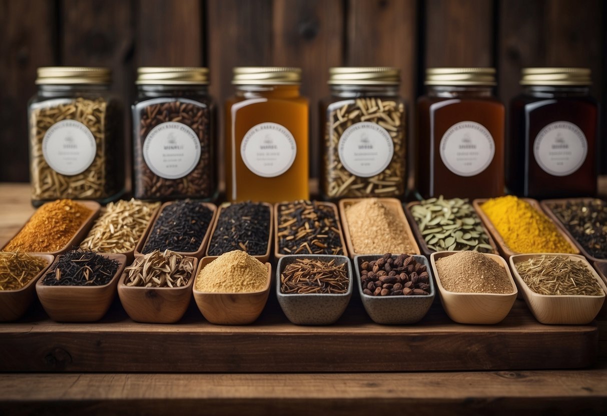 A collection of licorice root teas in different flavors and colors displayed on a wooden table