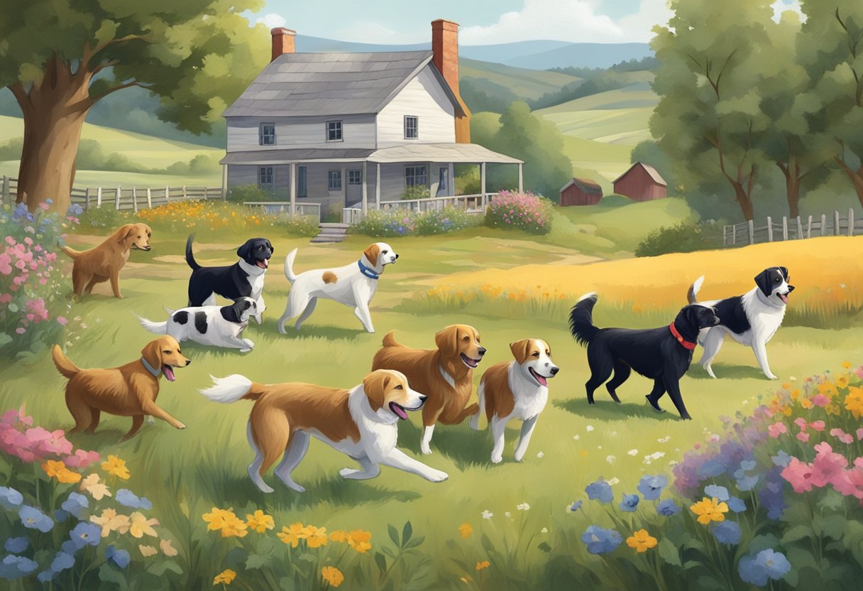 A group of dogs frolic in a rustic countryside setting, surrounded by rolling hills, wildflowers, and a quaint farmhouse in the distance