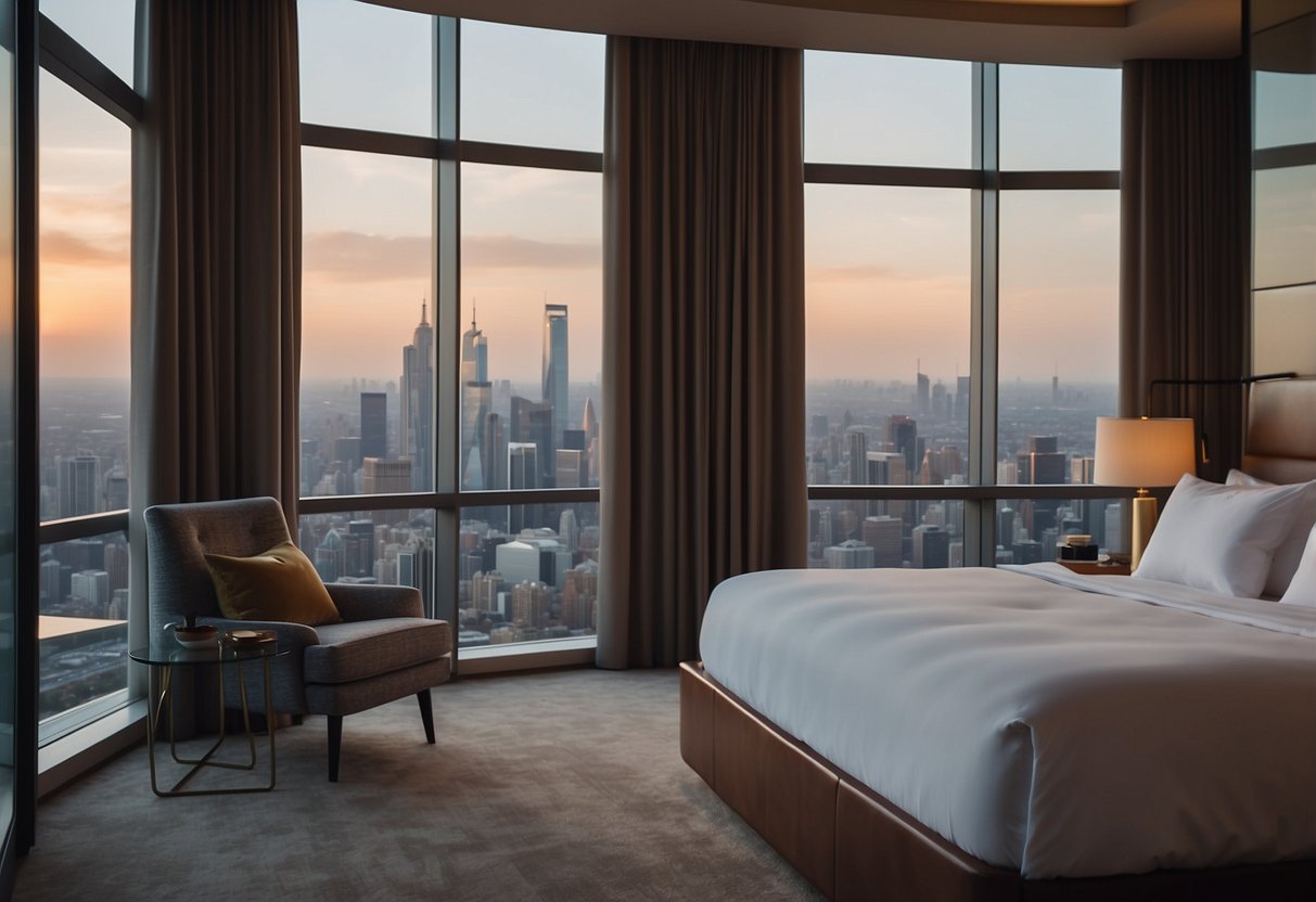 A luxurious hotel room with a comfortable bed, modern furnishings, and a stunning view of the city skyline through the floor-to-ceiling windows