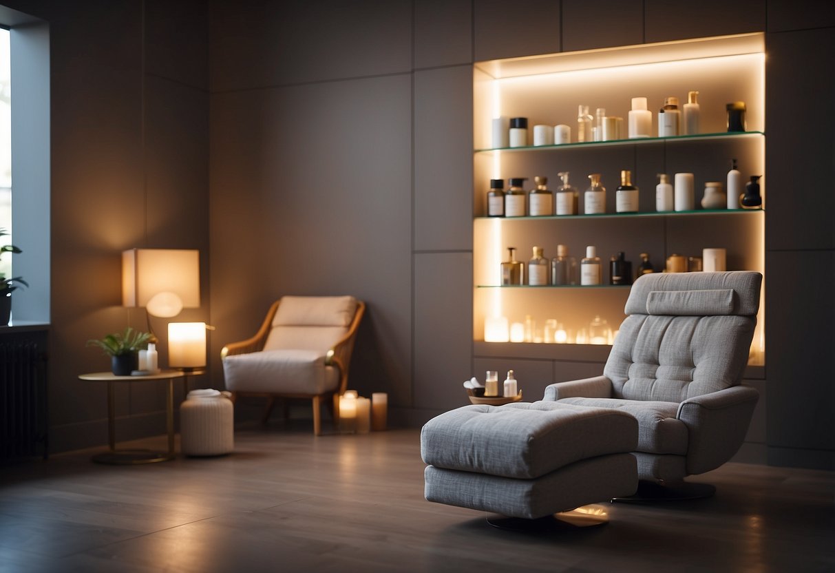 A serene room with a comfortable chair, soft lighting, and shelves filled with luxurious head spa products. A relaxing atmosphere with soothing music playing in the background