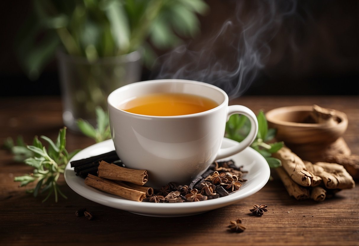 A steaming cup of licorice root tea sits on a wooden table, surrounded by dried licorice root and other herbal ingredients