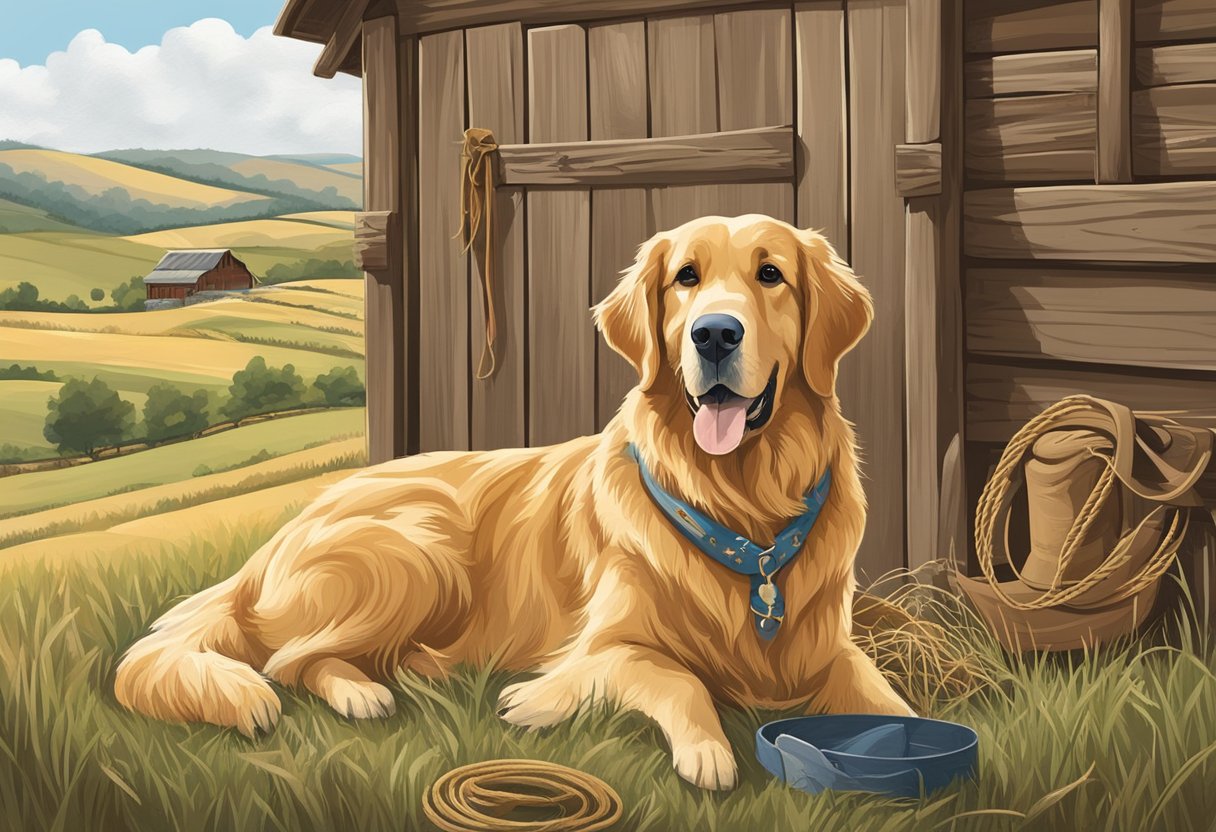 A golden retriever sits in a rustic barn, surrounded by fields and rolling hills. A cowboy hat and lasso hang on the wall, while a sign reads "Country-Inspired Dog Names."