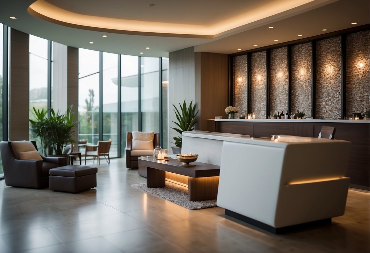 A serene spa setting with a modern interior, comfortable seating, and a reception desk. Soft lighting and soothing colors create a relaxing atmosphere