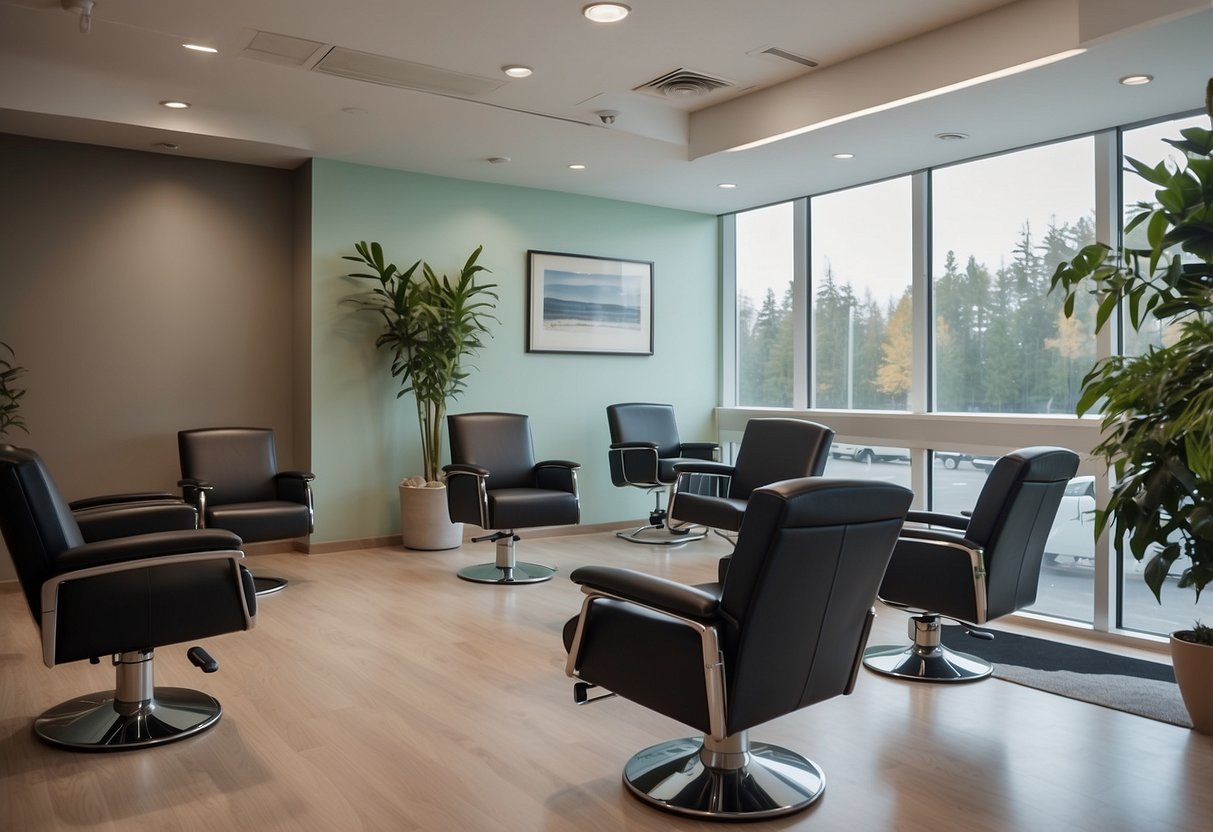 A serene clinic waiting room with a reception desk, comfortable chairs, and a display of brochures on hair transplant procedures