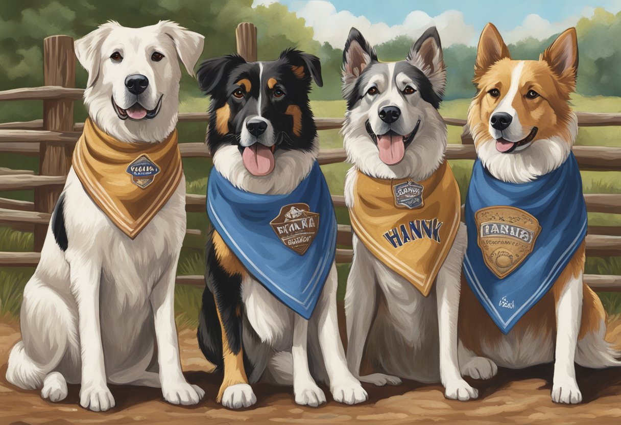 A group of male dogs gather in a rustic country setting, with names like Hank, Waylon, and Cash embroidered on their bandanas