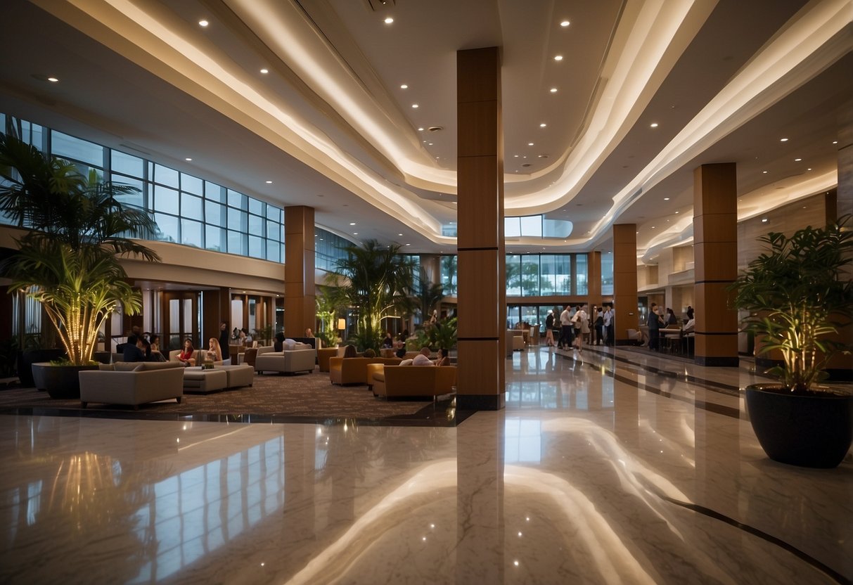 A bustling hotel lobby in Singapore with a prominent "Frequently Asked Questions" sign displayed, guests milling about, and staff assisting