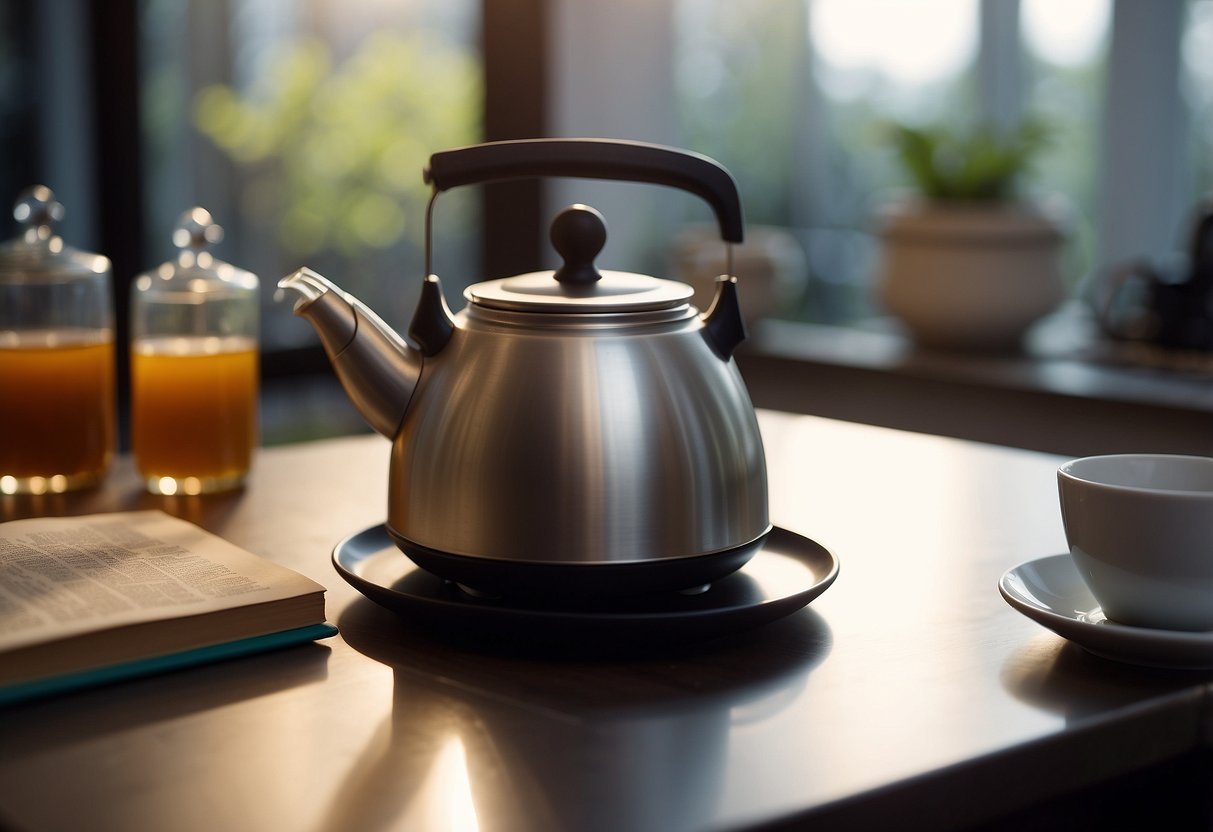 A tea kettle steams on a stove. A cup of herbal tea sits on a saucer with a spoon. A book on natural remedies lies nearby