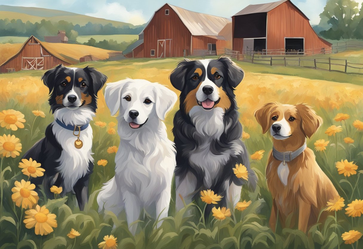 A group of female dogs gather in a rustic country setting, surrounded by fields and barns, with names like Daisy, Lulu, and Rosie