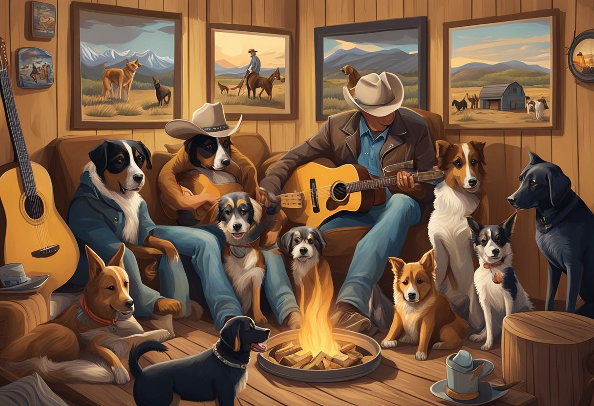 Dogs gathered around a campfire, with a guitar and cowboy hat nearby. Country music posters and vinyl records decorate the walls