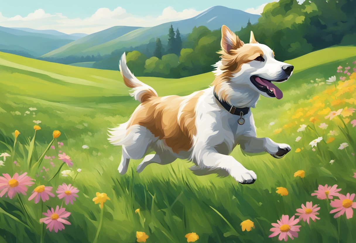 A dog running through a lush, green meadow with wildflowers and rolling hills in the background