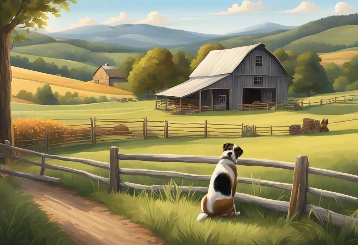 A rustic farm setting with rolling hills, a wooden barn, and a loyal dog sitting by the front porch
