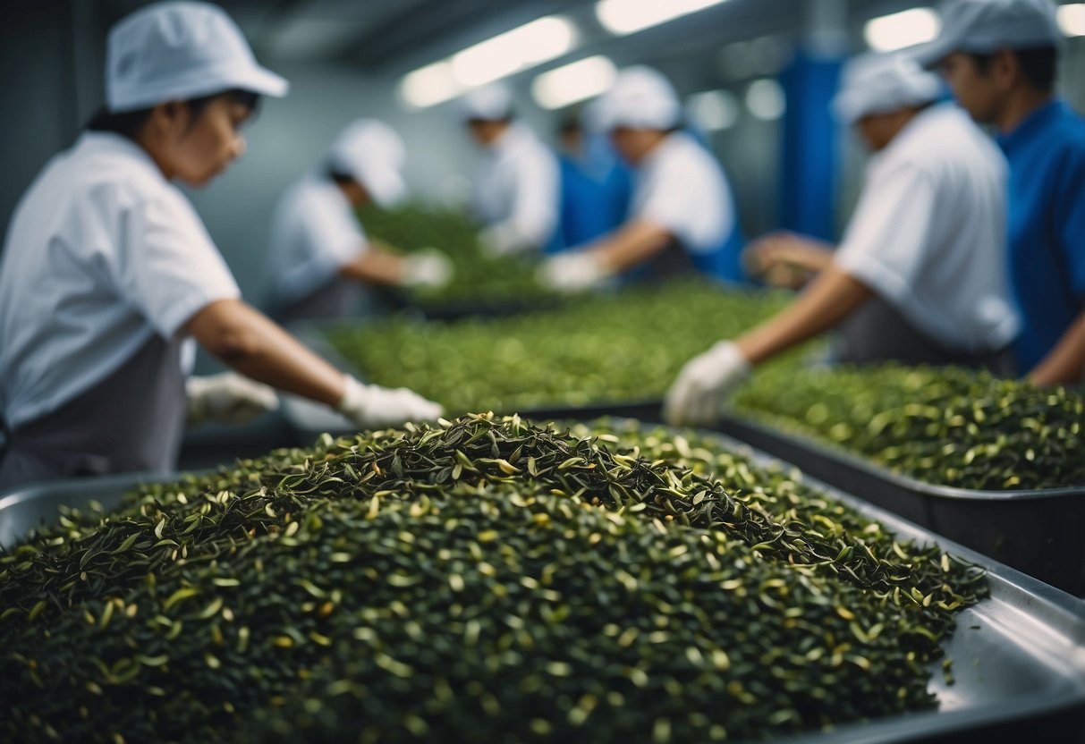 Tea leaves being sorted and processed in a factory, then packaged for production