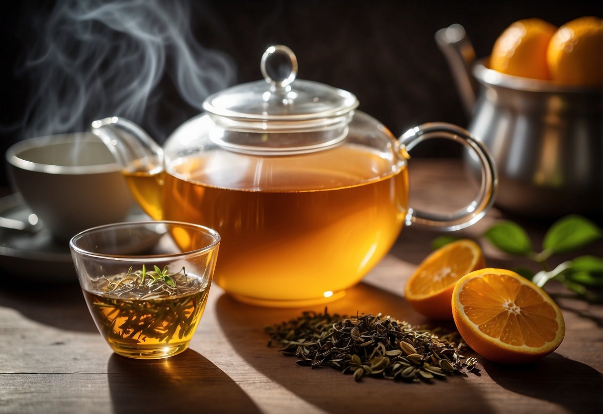 A steaming cup of orange pekoe tea brews in a clear glass teapot, surrounded by loose tea leaves and a delicate tea strainer