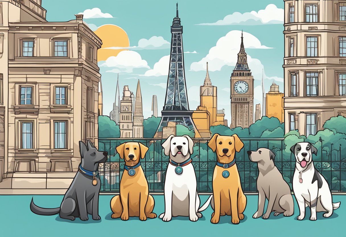 A dog standing in front of iconic landmarks from around the world, such as the Eiffel Tower, Statue of Liberty, and Big Ben