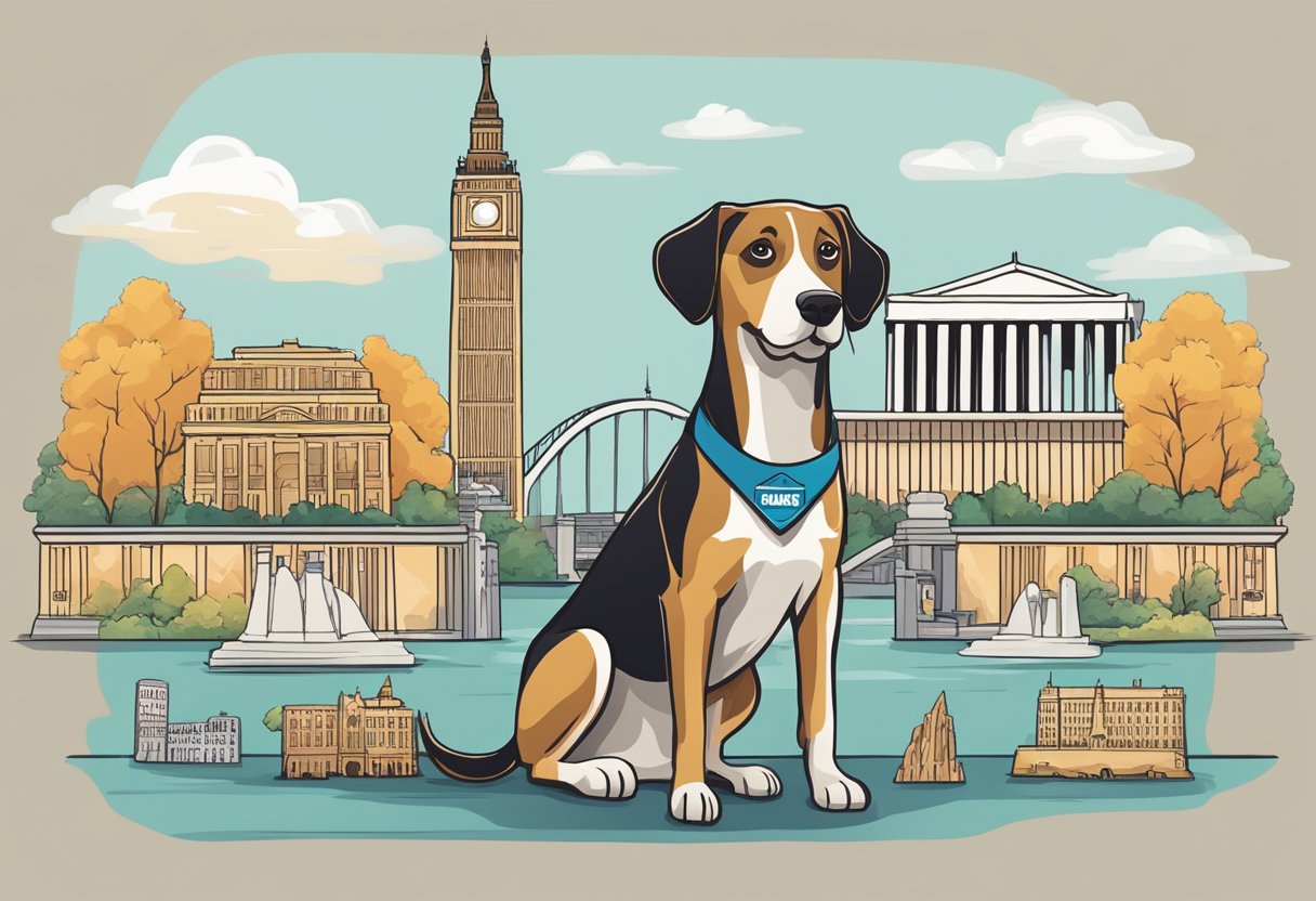 A dog standing proudly in front of iconic landmarks, with a name tag displaying landmark-inspired dog names