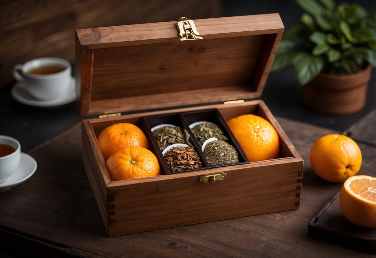 A wooden tea box with compartments, holding bags of orange pekoe tea. Airtight containers nearby for long-term preservation