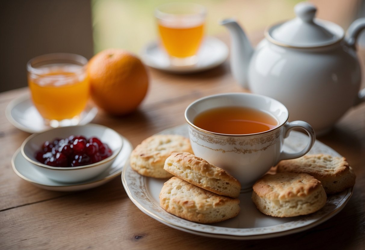 A steaming cup of orange pekoe tea sits beside a delicate plate of scones and jam, creating a cozy and inviting scene