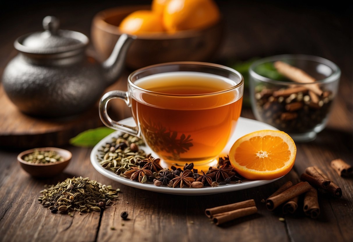 A steaming cup of orange pekoe tea surrounded by a selection of loose tea leaves and aromatic spices on a wooden table