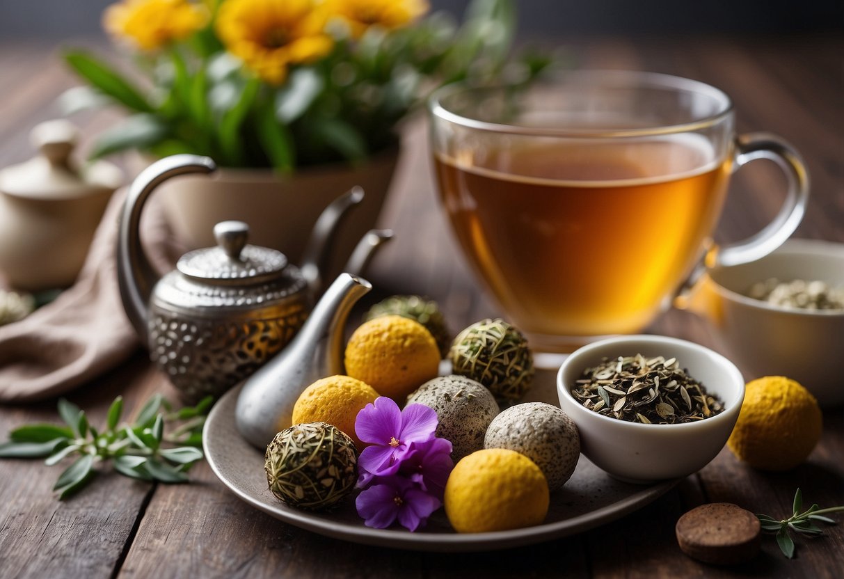 Various types of tea bombs arranged on a table with loose tea, herbs, and flowers. Teacups and a teapot are nearby