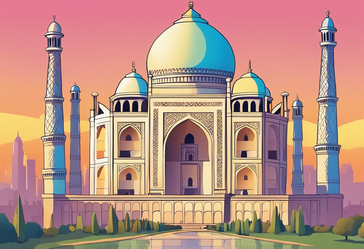 A colorful array of iconic landmarks, from the Eiffel Tower to the Taj Mahal, stand tall and proud, creating a stunning backdrop for the bustling city streets below