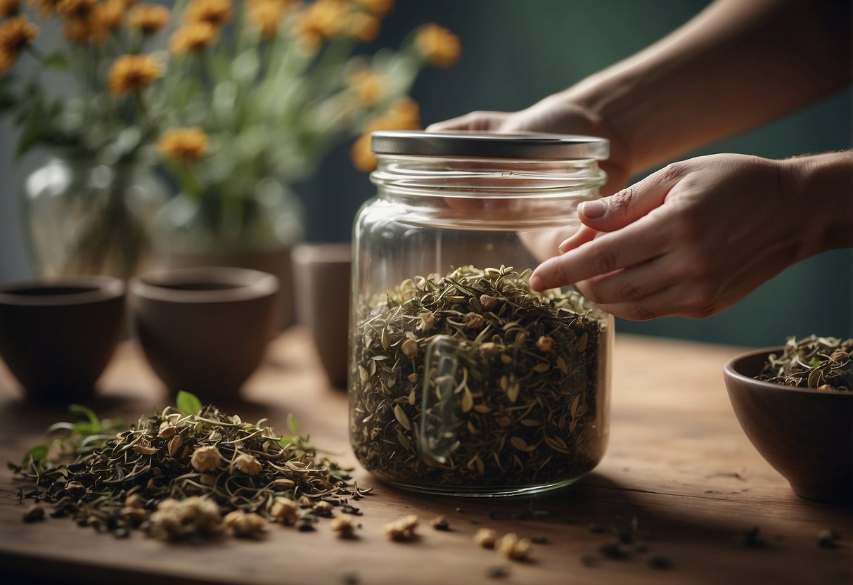 A hand reaches for a glass jar filled with loose tea leaves. A bowl of dried flowers and herbs sits nearby, ready to be mixed