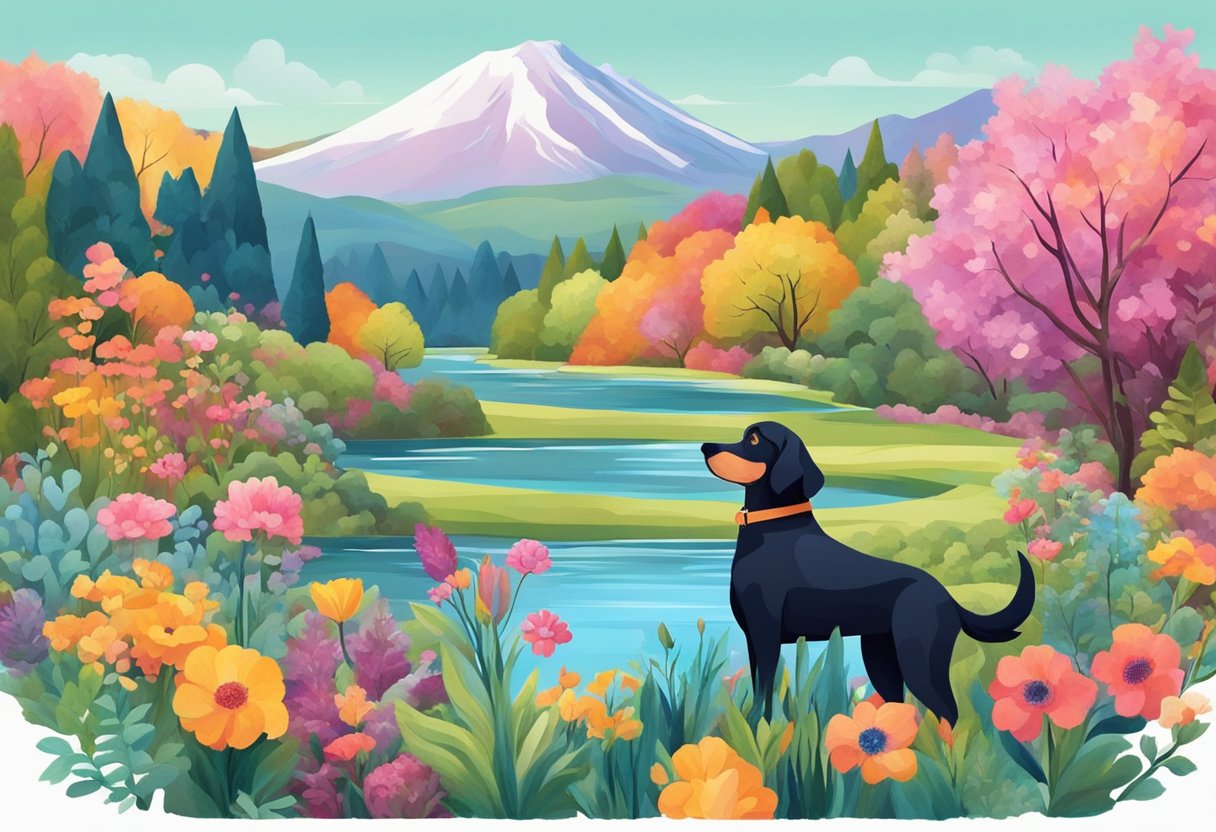 A colorful garden with blooming flowers and vibrant foliage, with a dog surrounded by nature-inspired landmarks like mountains, rivers, and forests