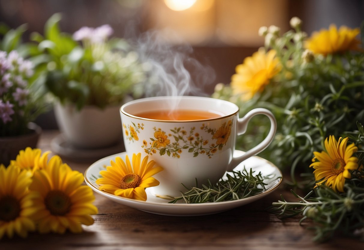 A steaming cup of tea bomb sits on a saucer, surrounded by fresh herbs and flowers. A warm, inviting glow emanates from the cup, highlighting the soothing benefits of the tea