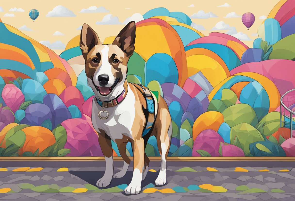 A playful dog stands proudly in front of a colorful mural, showcasing its adventurous and spirited personality. The vibrant artwork reflects the dog's unique character traits and landmark-inspired name