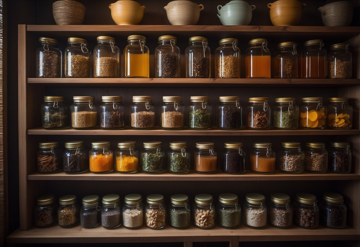 Tea bombs are neatly arranged in airtight containers, surrounded by shelves of various tea flavors and ingredients. The room is dimly lit, creating a cozy and inviting atmosphere for tea enthusiasts