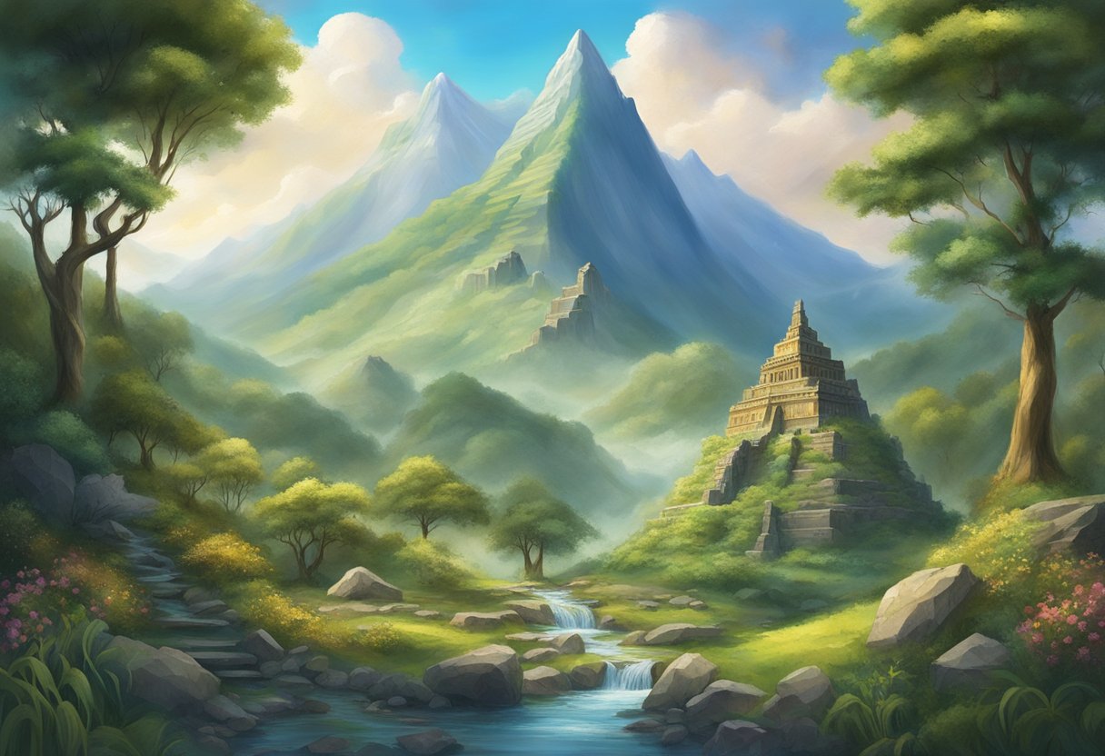 A majestic mountain peak rises above a lush valley, surrounded by ancient ruins and mystical symbols. The air is filled with a sense of wonder and mystery, invoking the spirits of mythology and folklore
