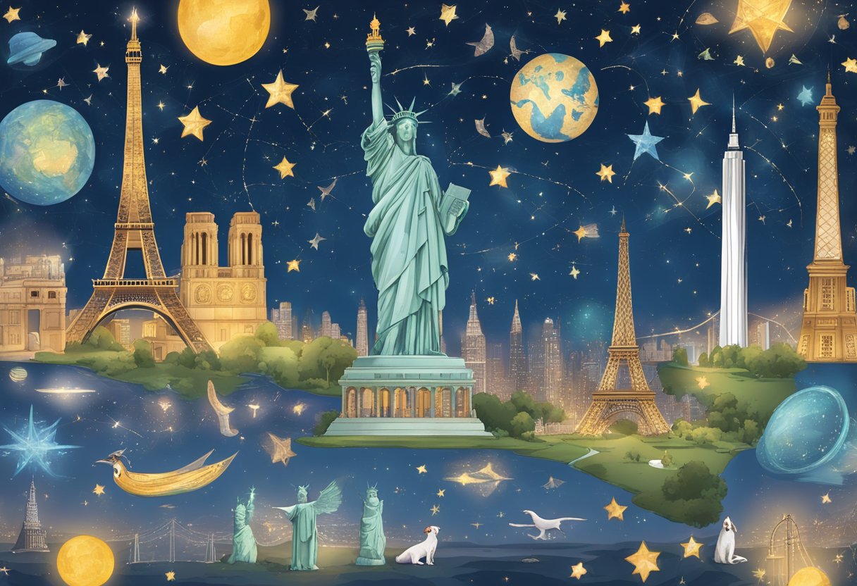 A starry night sky with constellations and a celestial map, alongside iconic landmarks like the Eiffel Tower and the Statue of Liberty, all surrounded by dogs with names inspired by astrology and famous landmarks