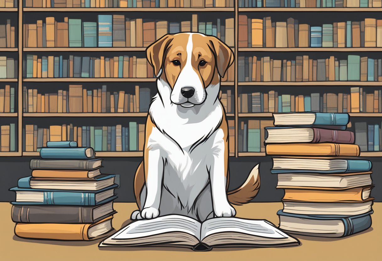 A dog sitting in front of a stack of books, with a pen and paintbrush next to it. The books have titles like "Artistic and Literary Dog Names" and "Landmark-Inspired Dog Names"