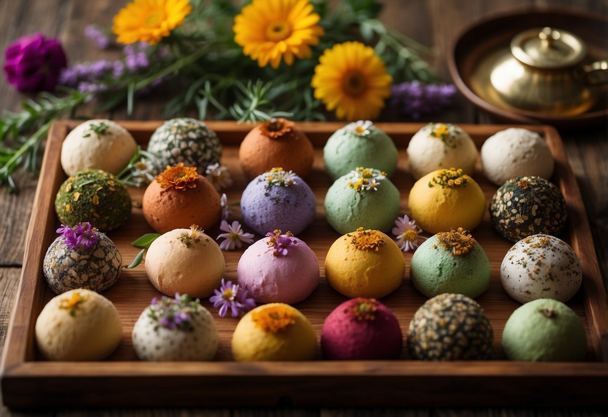 A variety of tea bombs arranged on a wooden tray with colorful flowers and herbs scattered around. Steam rises from the tea bombs, creating an inviting and cozy atmosphere