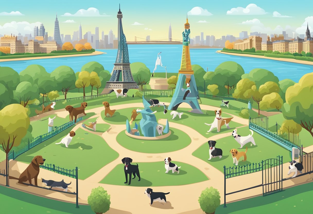 A dog park with iconic landmarks in the background, such as the Eiffel Tower, Statue of Liberty, and Big Ben, surrounded by playful pups
