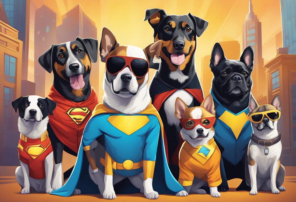 A group of dogs wearing costumes of famous pop culture characters, such as superheroes and movie icons, while playing in a vibrant and lively setting