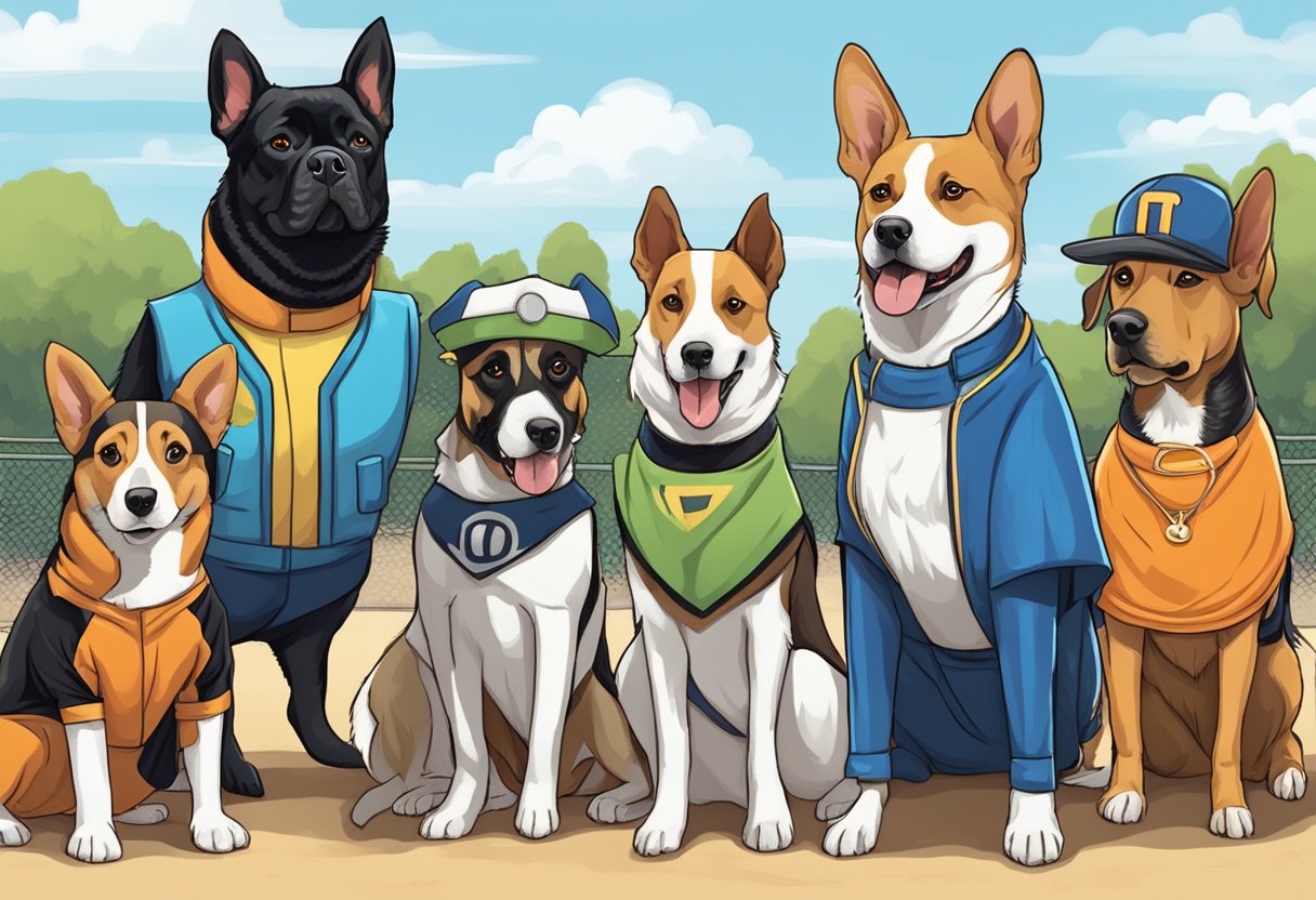 Dogs wearing costumes of famous pop culture characters at a dog park event