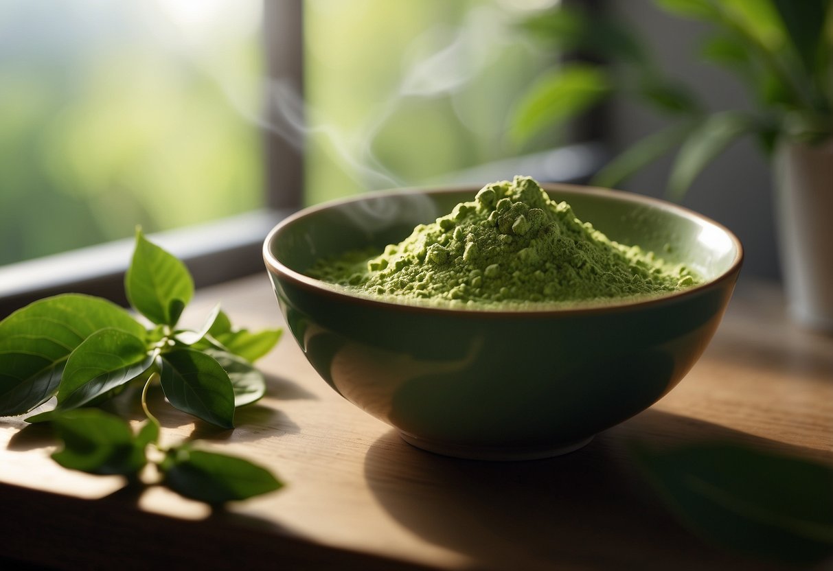 Vibrant green matcha leaves swirling in a ceramic bowl, emitting a soothing aroma. Sunlight filters through a window, casting a warm glow on the leaves