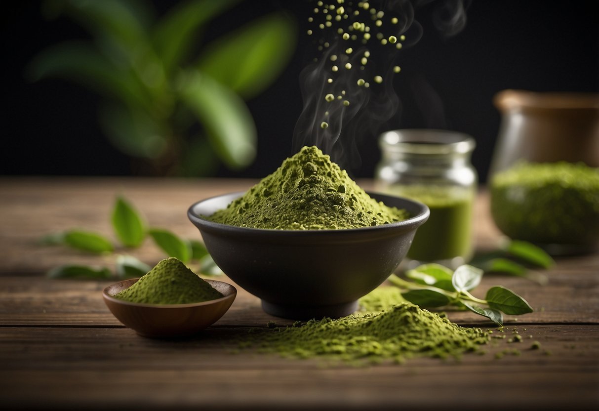 Matcha leaves being ground into a fine powder, then mixed with hot water to create a vibrant green tea