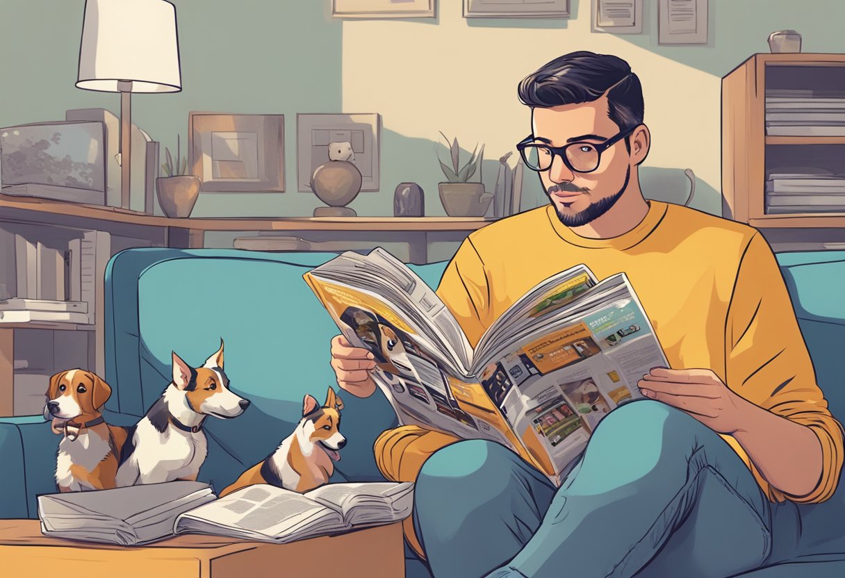 A dog owner flipping through a pop culture magazine, pondering over potential names for their new furry friend