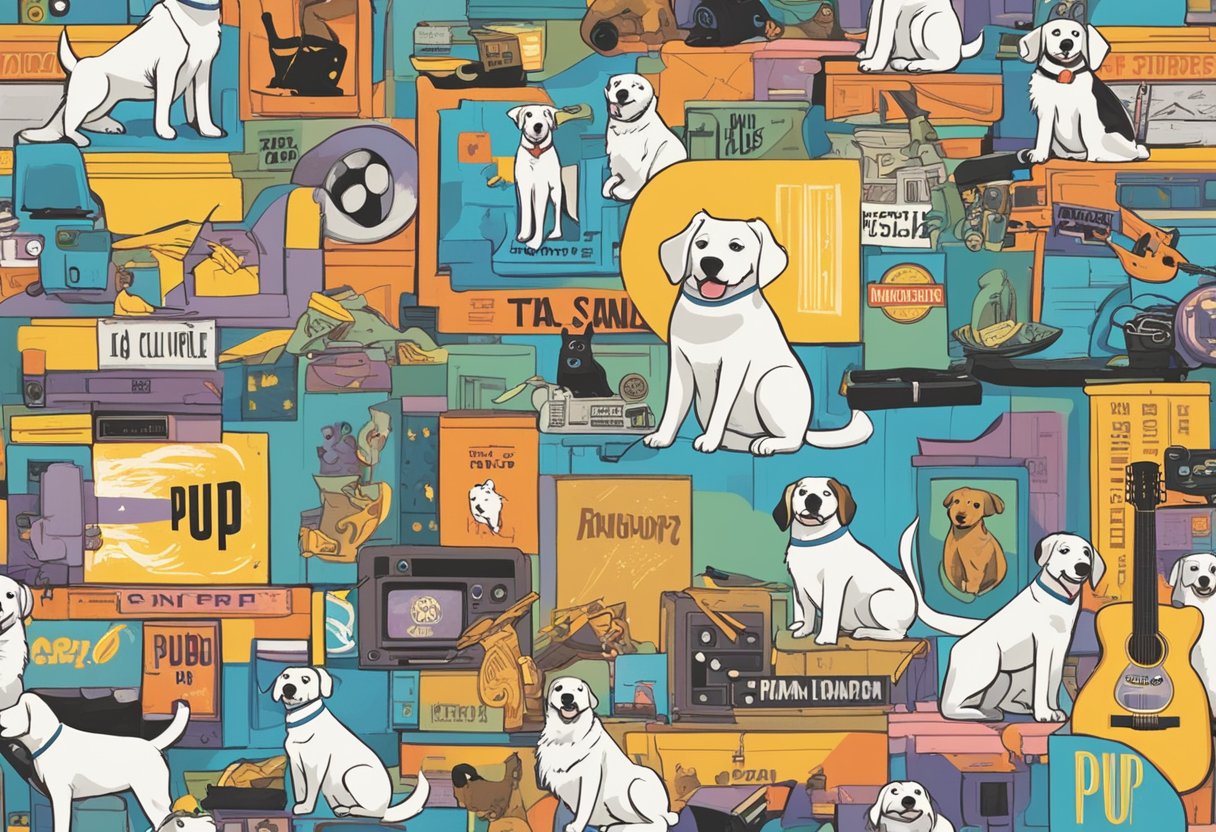 A colorful collage of movie posters, music album covers, and TV show logos surrounds a happy dog with a name tag reading "Pop Culture Pup."