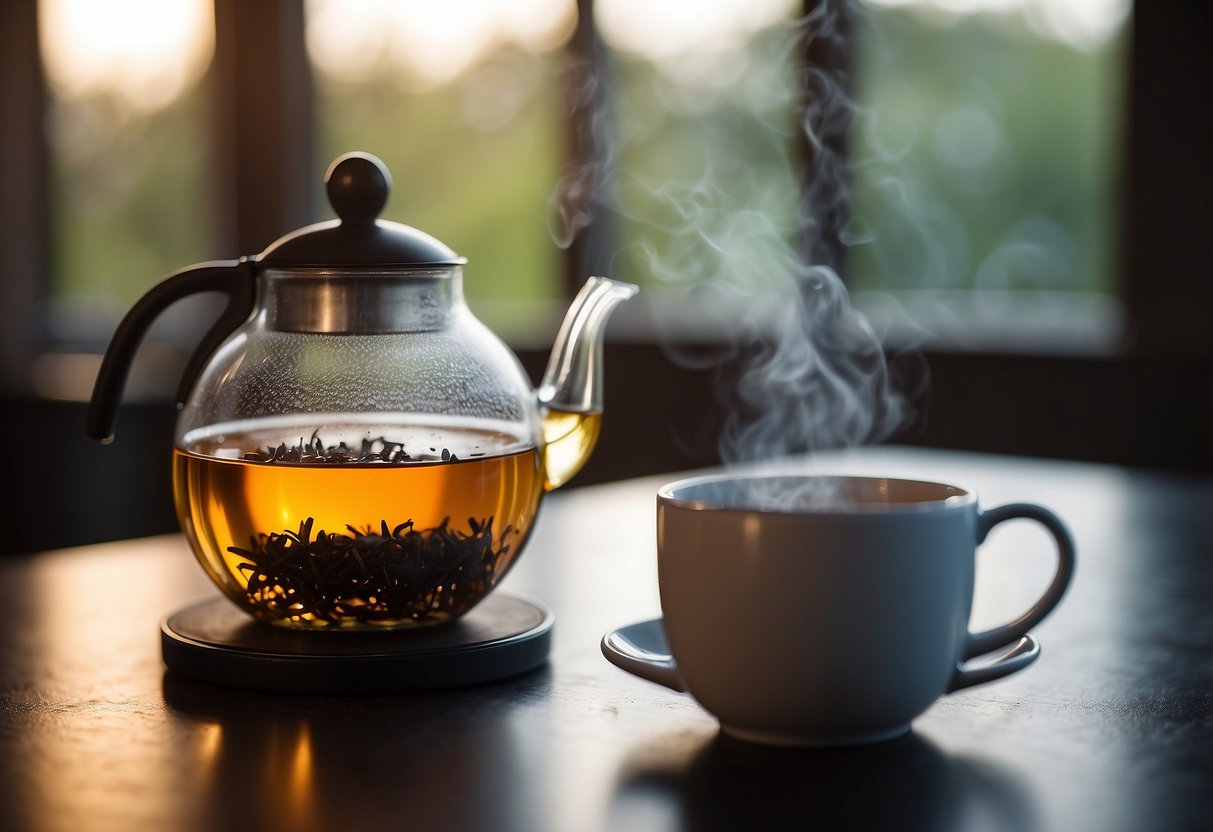 A teapot with black tea leaves steeping in hot water for 3-5 minutes, steam rising from the spout