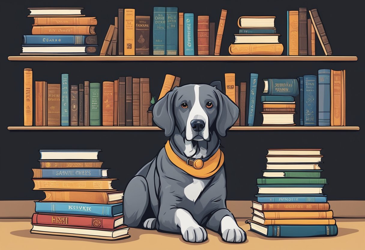 A dog sitting next to a stack of books with titles of popular fiction and entertainment, such as Harry Potter, Game of Thrones, and Star Wars