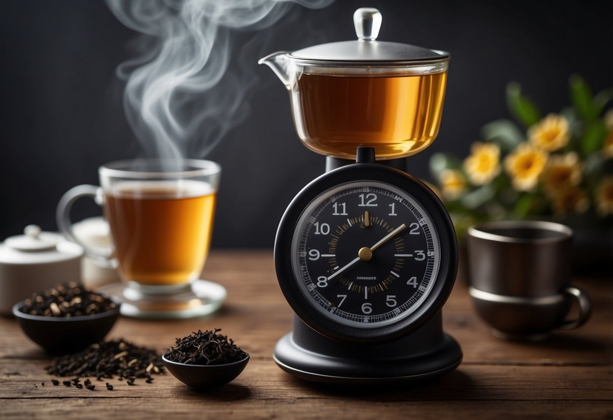 A timer set for 3-5 minutes next to a steaming cup of black tea
