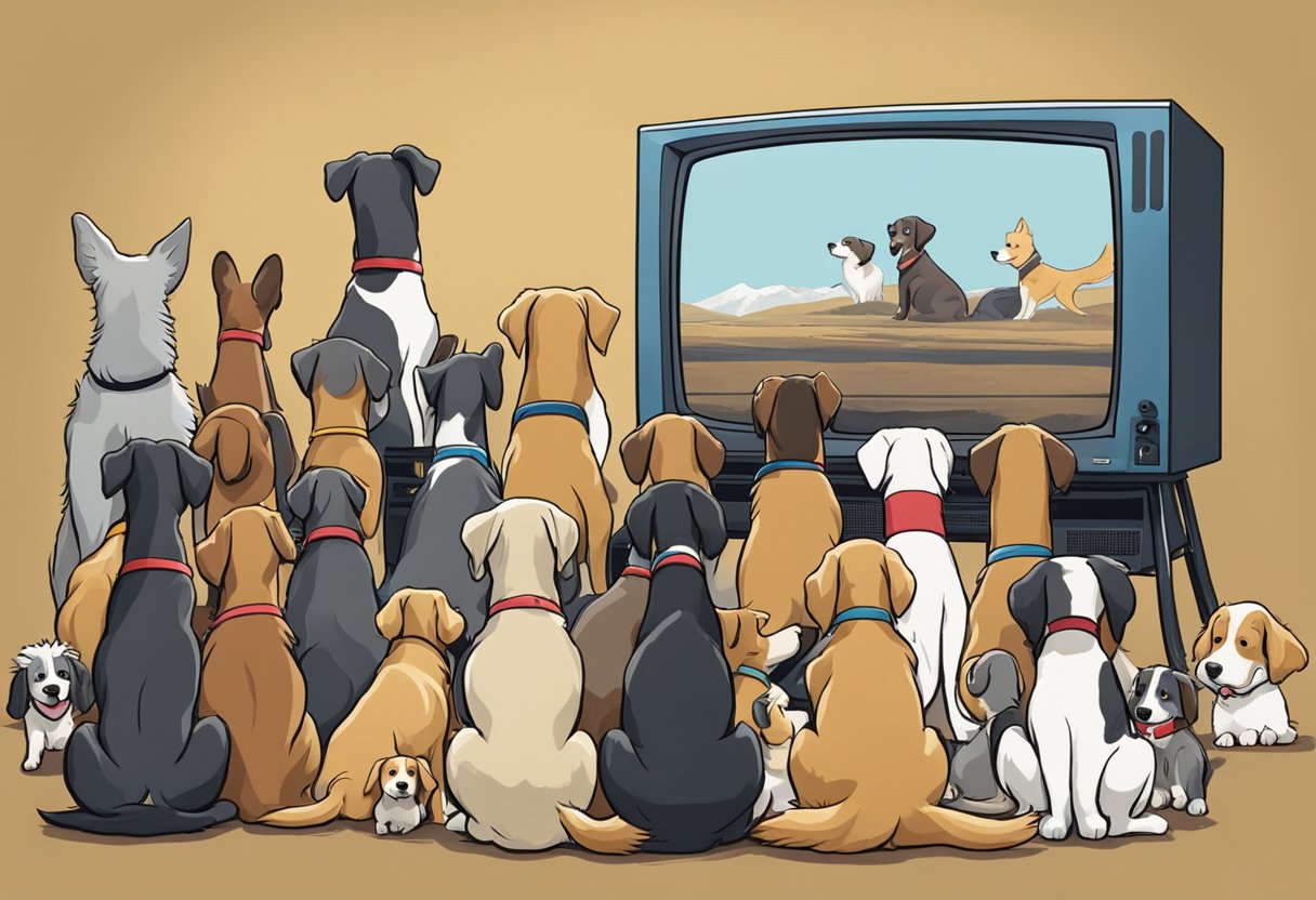 A pack of dogs gather around a TV, each with a pop culture-inspired name. They wag their tails excitedly as they watch their favorite movie characters come to life on the screen