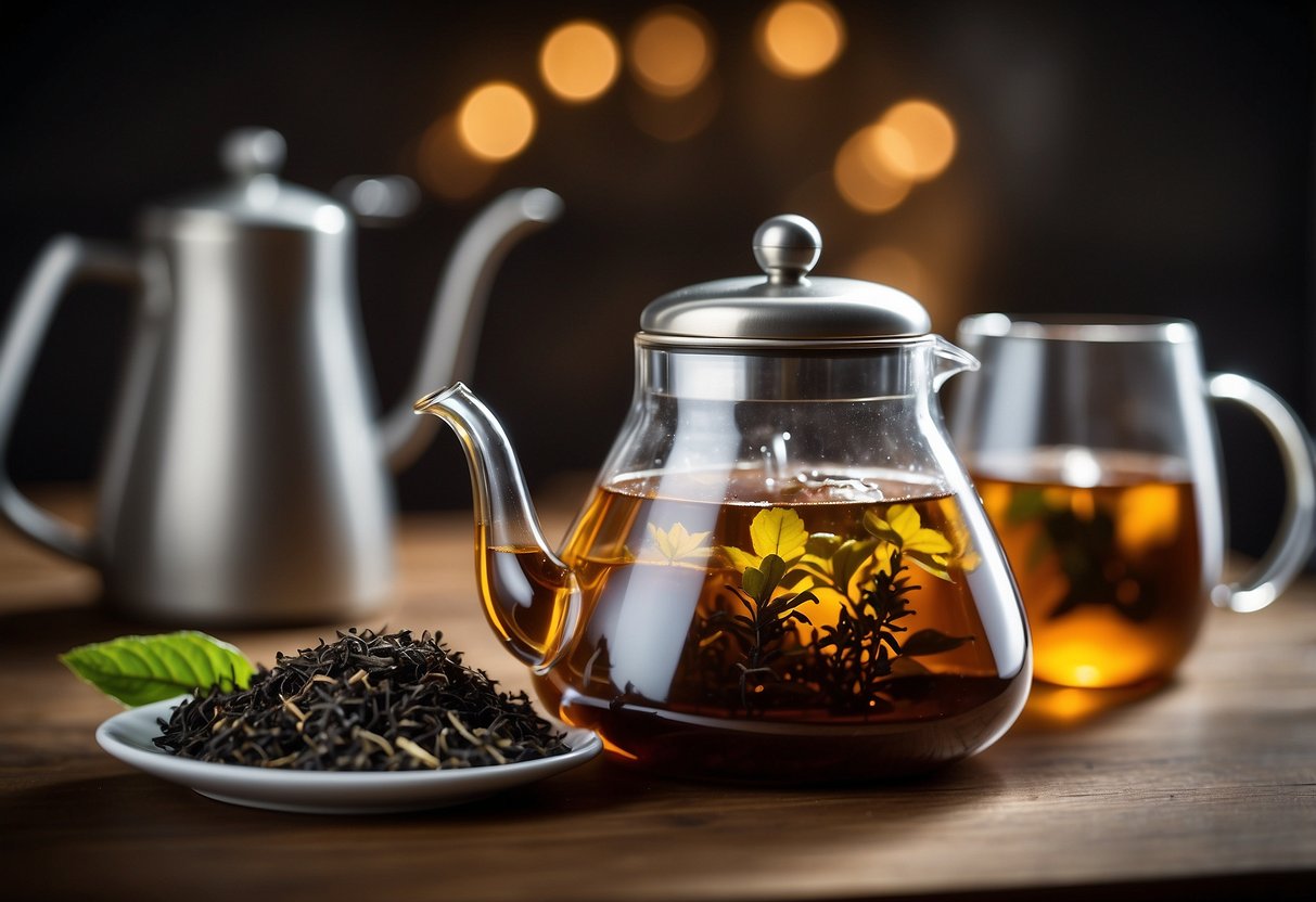 A teapot with loose black tea leaves steeping in hot water, a timer set for the recommended steeping time, and a tea strainer ready for use